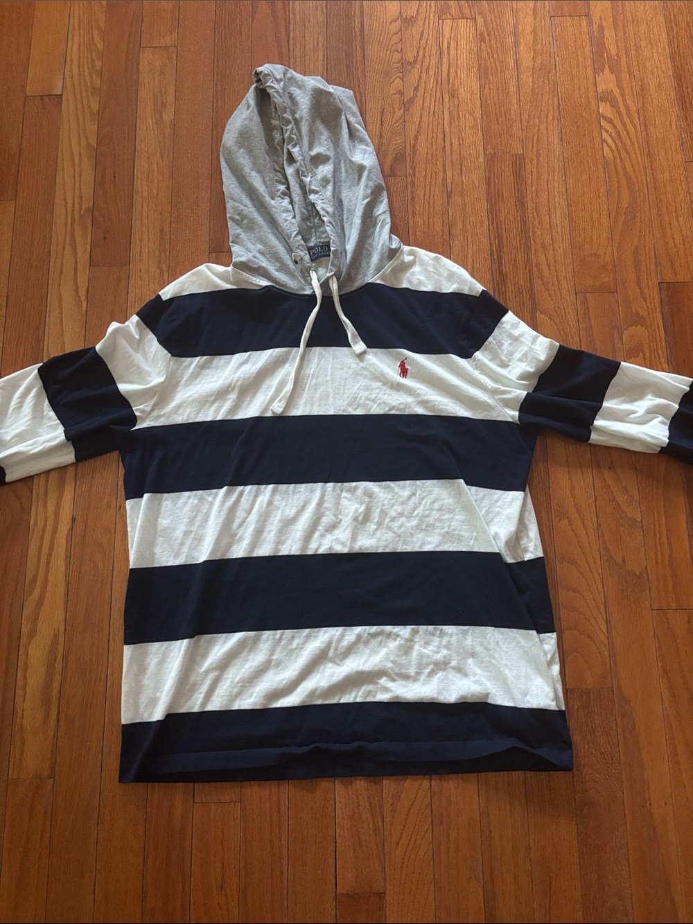 Ralph Lauren Gray Hooded Navy & White Wide Stripe Pullover